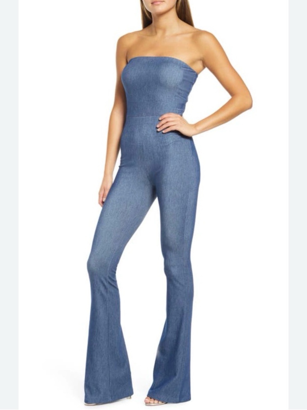 Naked Wardrobe Stretch Denim Strapless Bandeau Flared Jumpsuit Medium M [TE]